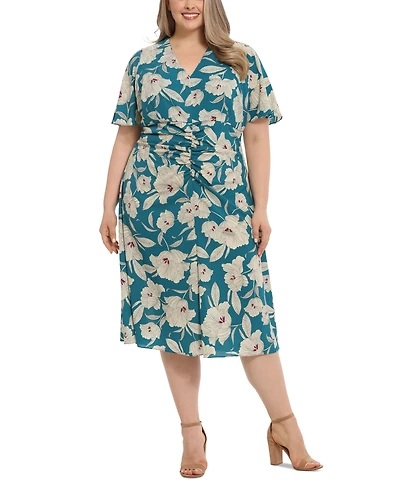 London Times Plus Size Flutter-Sleeved Shirred Midi Dress