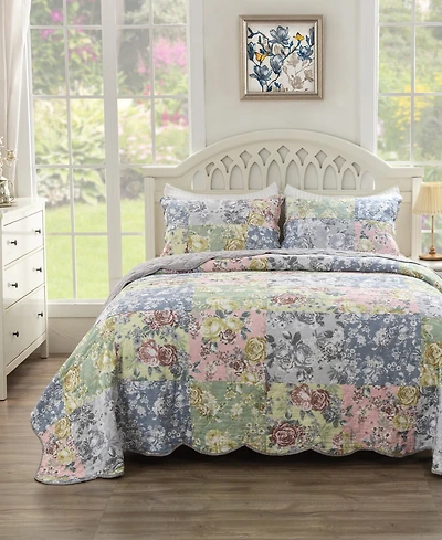 Greenland Home Fashions Emma Traditional Floral Print 3 Piece Quilt Set, King/California King
