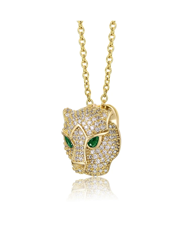 14k Yellow Gold Plated with Green & Cubic Zirconia 3D Panther Head Pendant Layering Necklace