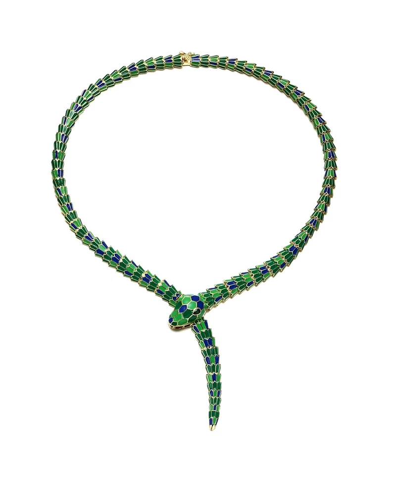 Enchanting Green Cubic Zirconia Snake Collar Necklace in 14k Yellow Gold Plating with Blue & Green Enamel