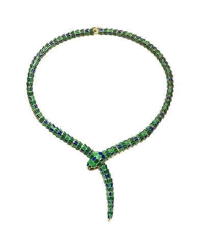 Enchanting Green Cubic Zirconia Snake Collar Necklace in 14k Yellow Gold Plating with Blue & Green Enamel