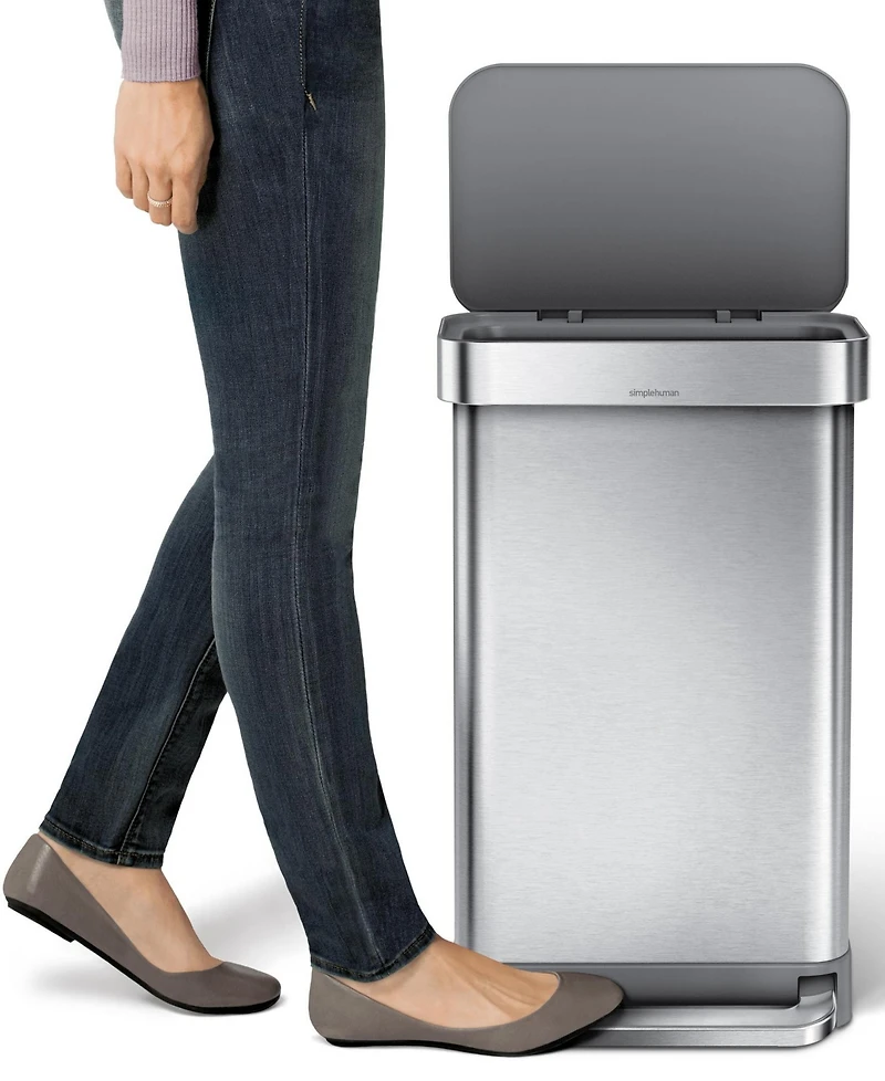 Simplehuman 45 Liter Rectangular Step Kitchen Trash Can with Liner Pocket, Stainless Steel with Gray Plastic Lid