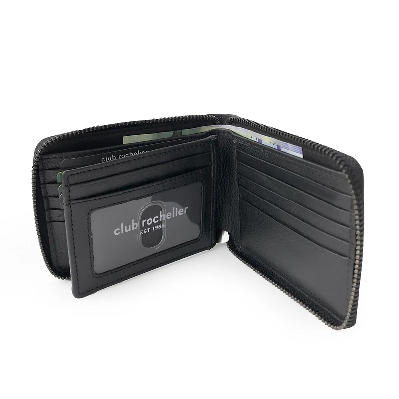 Club Rochelier Men's Full Leather Zipper Around Wallet with Center Wing