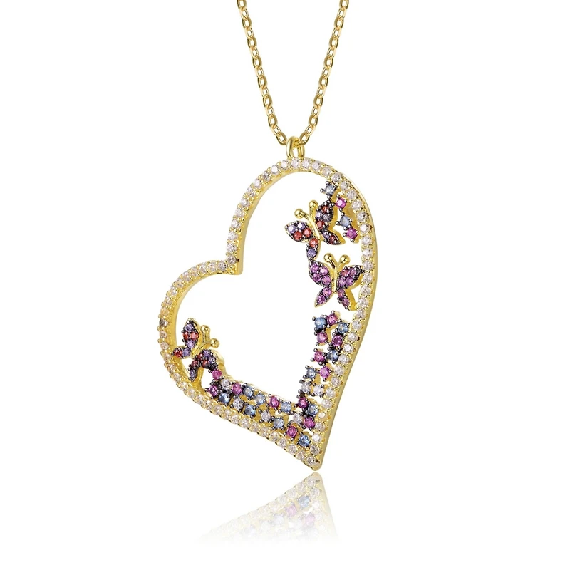 14K Gold Plated Multi Colored Cubic Zirconia Heart Necklace