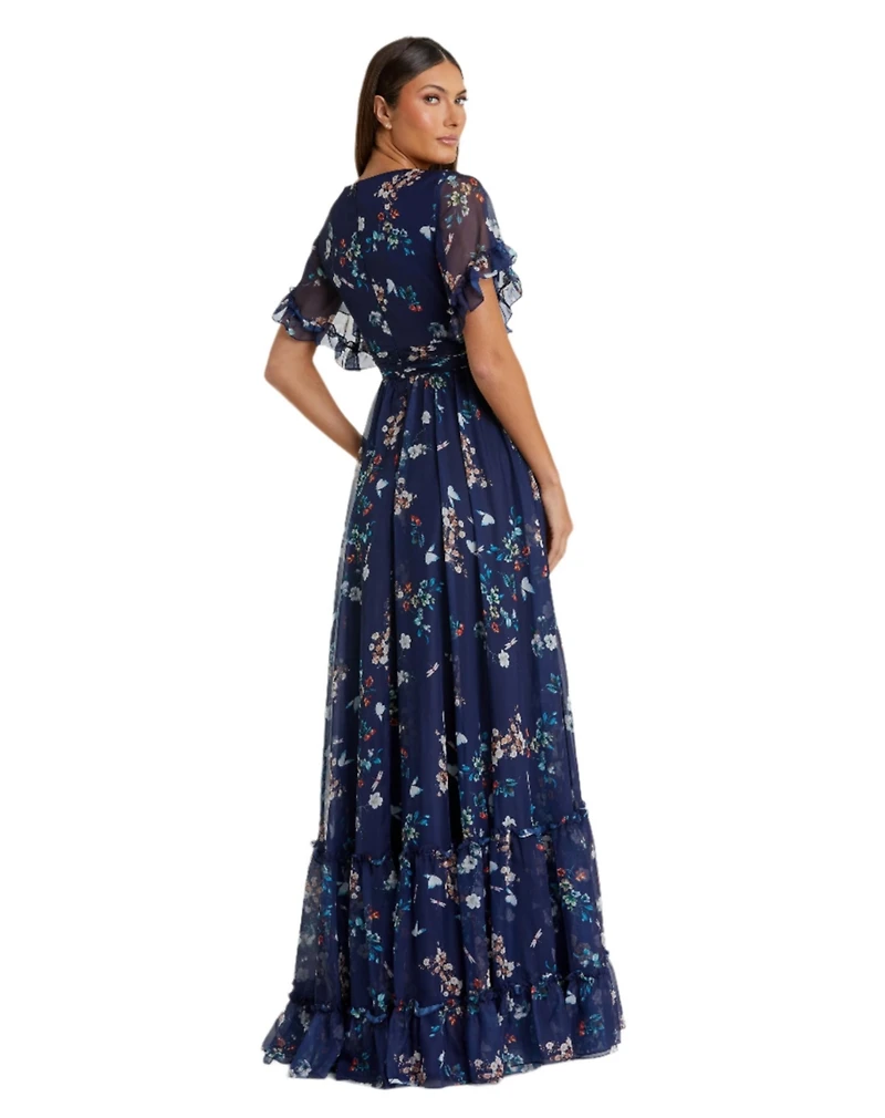 Mac Duggal Women's Ieena Flounce Sleeve Floral Maxi Dress