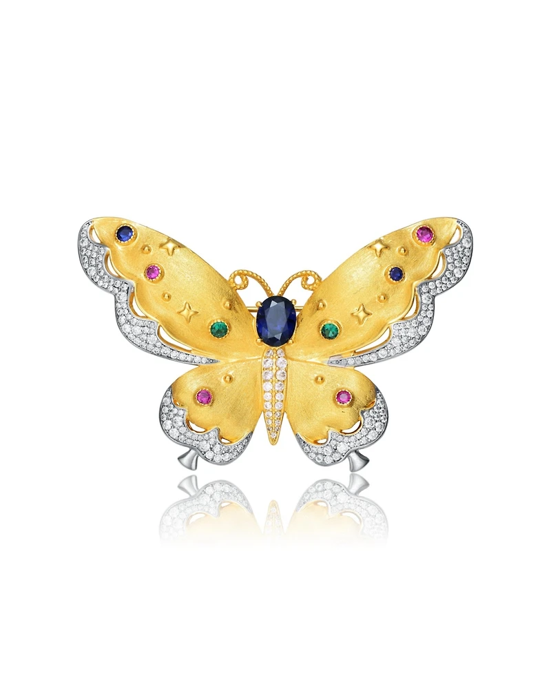 Rhodium and 14K Gold Plated Genuine Stone Floral Pin