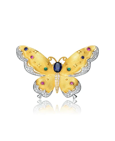 Rhodium and 14K Gold Plated Genuine Stone Floral Pin