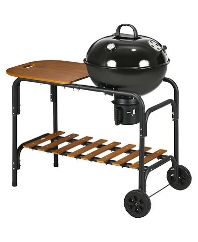 Outsunny Charcoal Bbq Grill on Wheels 21" Barbecue Smoker W/ Table, Shelf