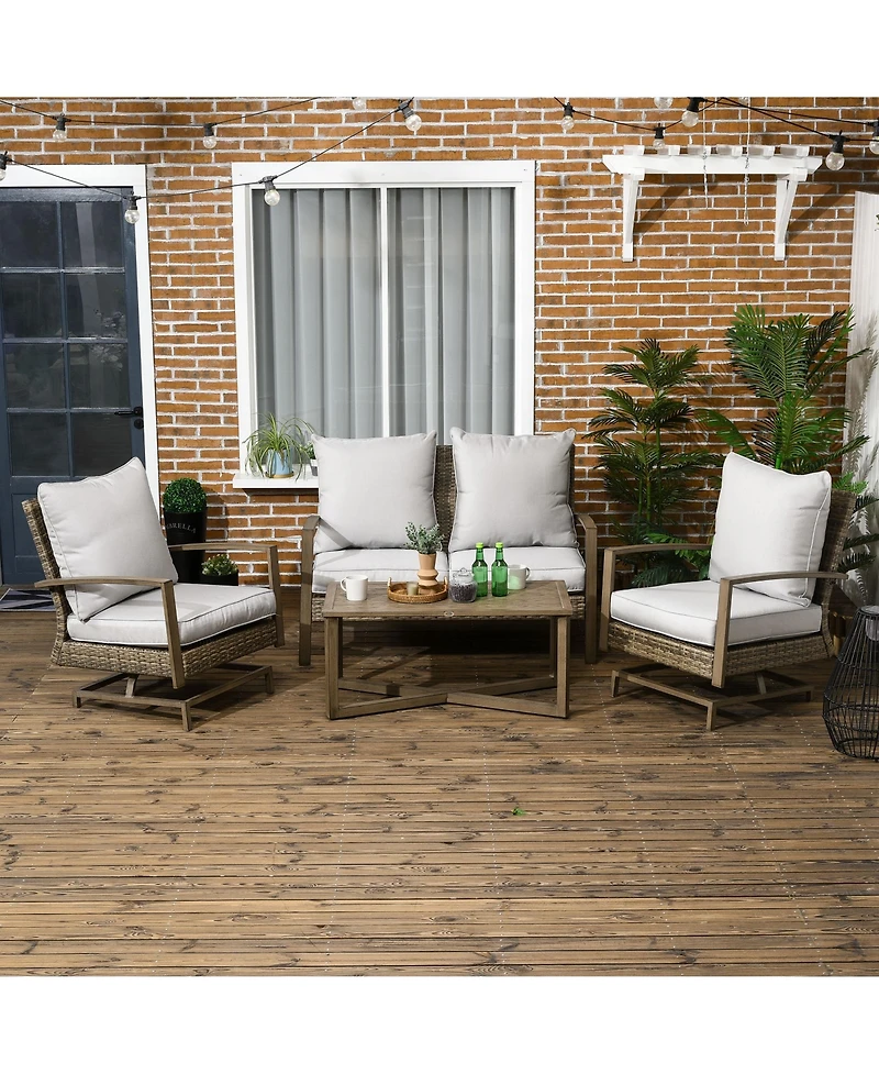 Outsunny Patio Furniture Set, 4 Piece Outdoor Rattan Conversation Set with 2 Armchairs, Cushions, Loveseat Sofa & Coffee Table for Porch, Poolside, La
