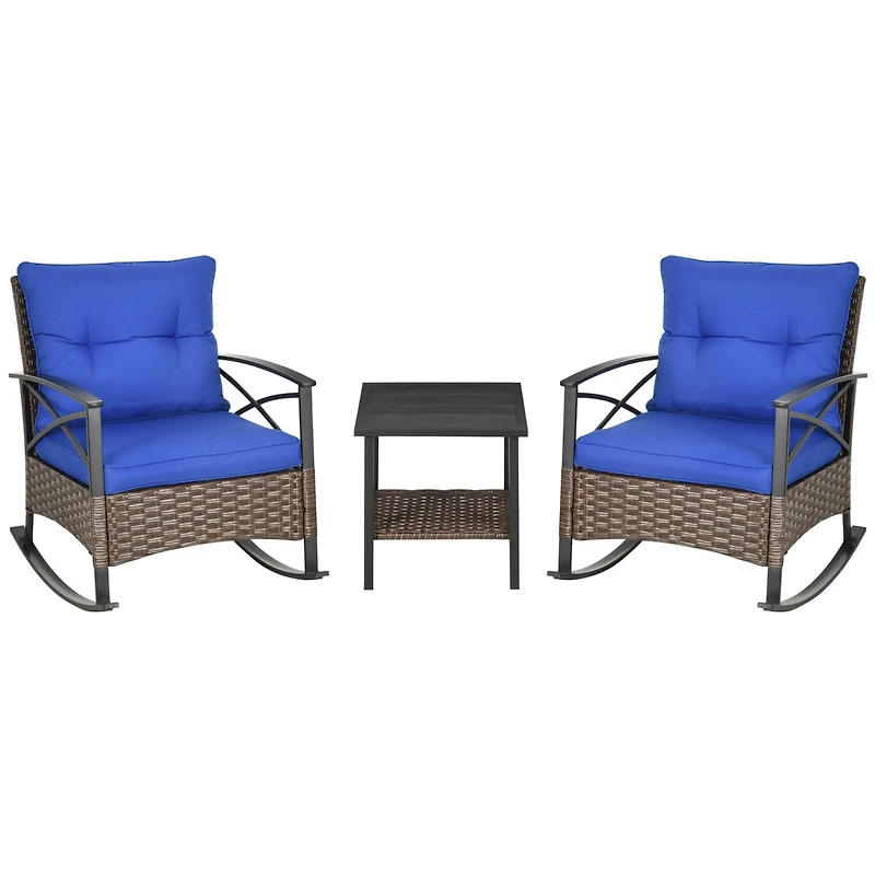 Outsunny 3pc Rocking Chair Set w/ Cushions, Wicker Bistro Set