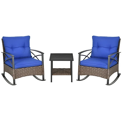 Outsunny 3pc Rocking Chair Set w/ Cushions, Wicker Bistro Set
