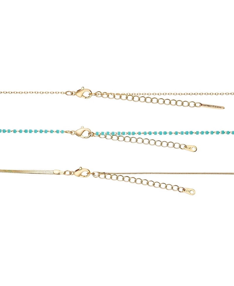 Unwritten 14k Gold Flash Plated Reconstituted Turquoise Stone and Evil Eye Heart Layered Pendant Necklaces, 3 Piece Set