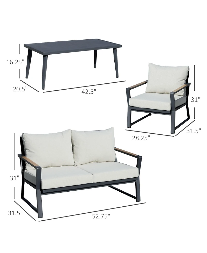 Outsunny 4 Pc Patio Furniture Set w/ Table & Cushion,
