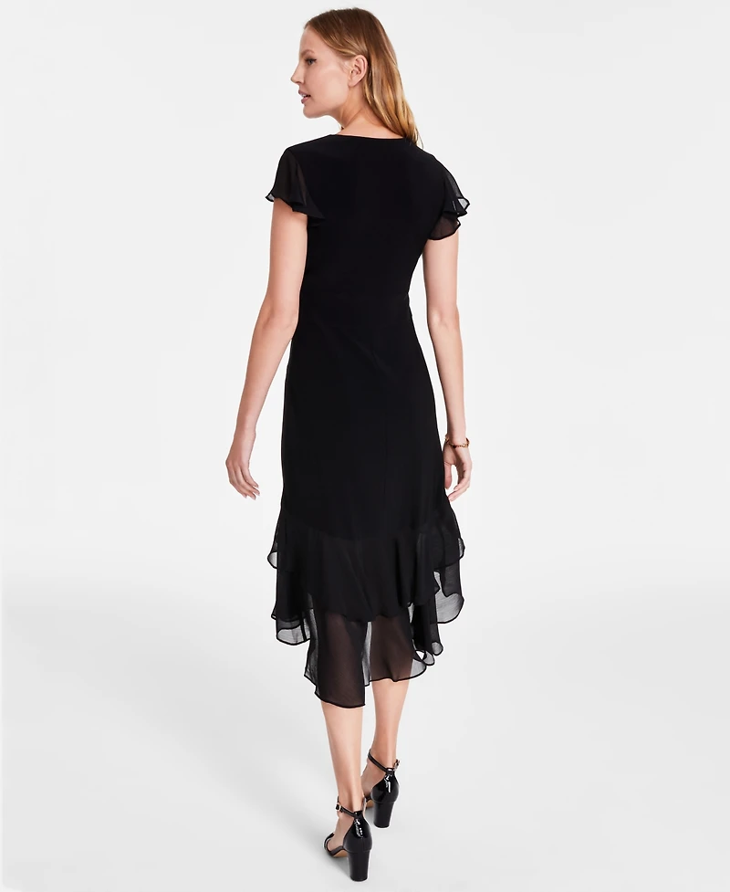 Tommy Hilfiger Women's V-Neck Chiffon-Trim Midi Dress with Flutter Sleeves