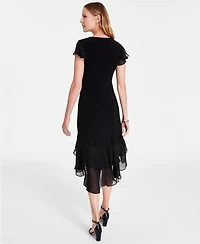 Tommy Hilfiger Women's V-Neck Chiffon-Trim Midi Dress with Flutter Sleeves