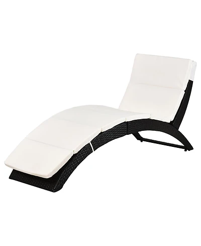 Outsunny Patio Foldable Wicker Chaise Lounge, Pe Rattan Outdoor Lounge Chair, Recliner Bed with Cushion for Garden, Backyard, Lawn, Beige
