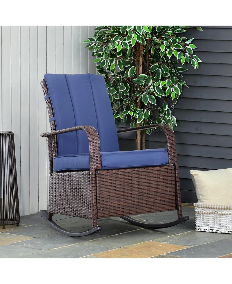 Outsunny Outdoor Rattan Wicker Rocking Chair Patio Recliner with Soft Cushion, Adjustable Footrest, Max. 135 Degree Backrest, Blue