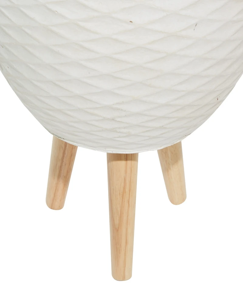 White Ceramic Indoor Outdoor Planter with Wood Legs Set of 2