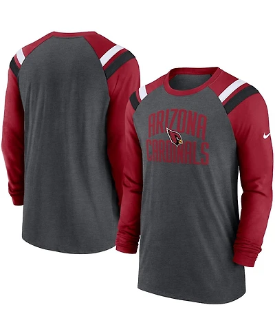 Men's Nike Heathered Charcoal, Cardinal Arizona Cardinals Tri-Blend Raglan Athletic Long Sleeve Fashion T-shirt