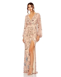 Mac Duggal Women's Long Sleeve Floral Beaded V Neck Gown w/ Slit