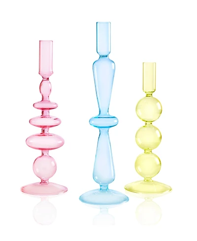 Aurora Glass 3- Piece 9.5", 11", 12" Tall Assorted Color Candlesticks