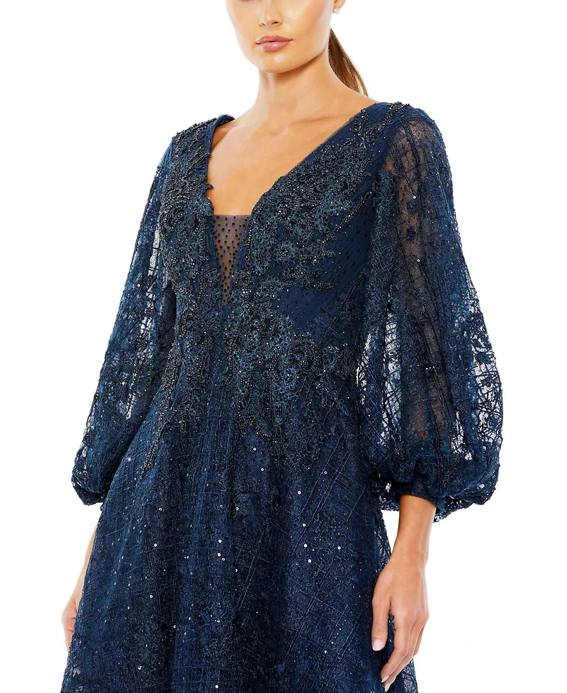 Mac Duggal Women's Embellished Plunge Neck Bishop Sleeve Dress