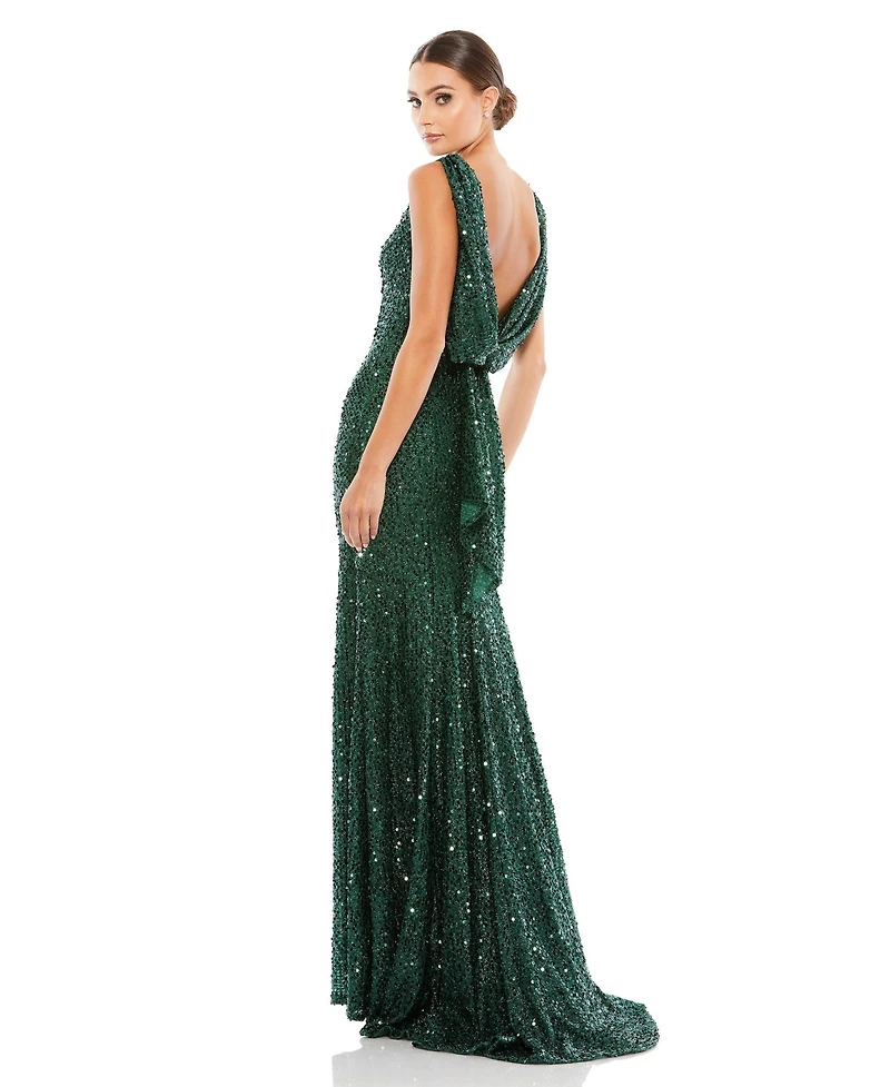Mac Duggal Women's Ieena Sequined Sleeveless Draped Cowl Back Gown