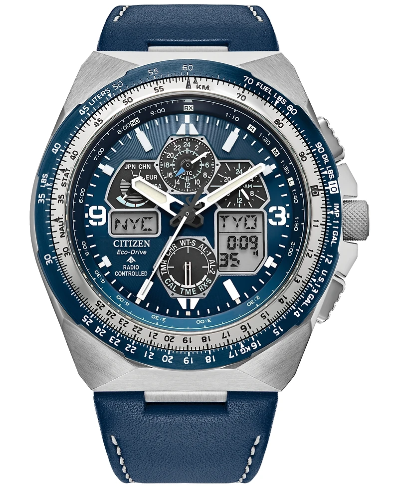 Citizen Eco-Drive Men's Chronograph Promaster Skyhawk Blue Leather Strap Watch 46mm