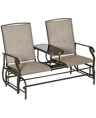 Outsunny 2-Person Outdoor Glider Bench w/ Center Table, Steel Frame for Backyard Garden Porch, Brown