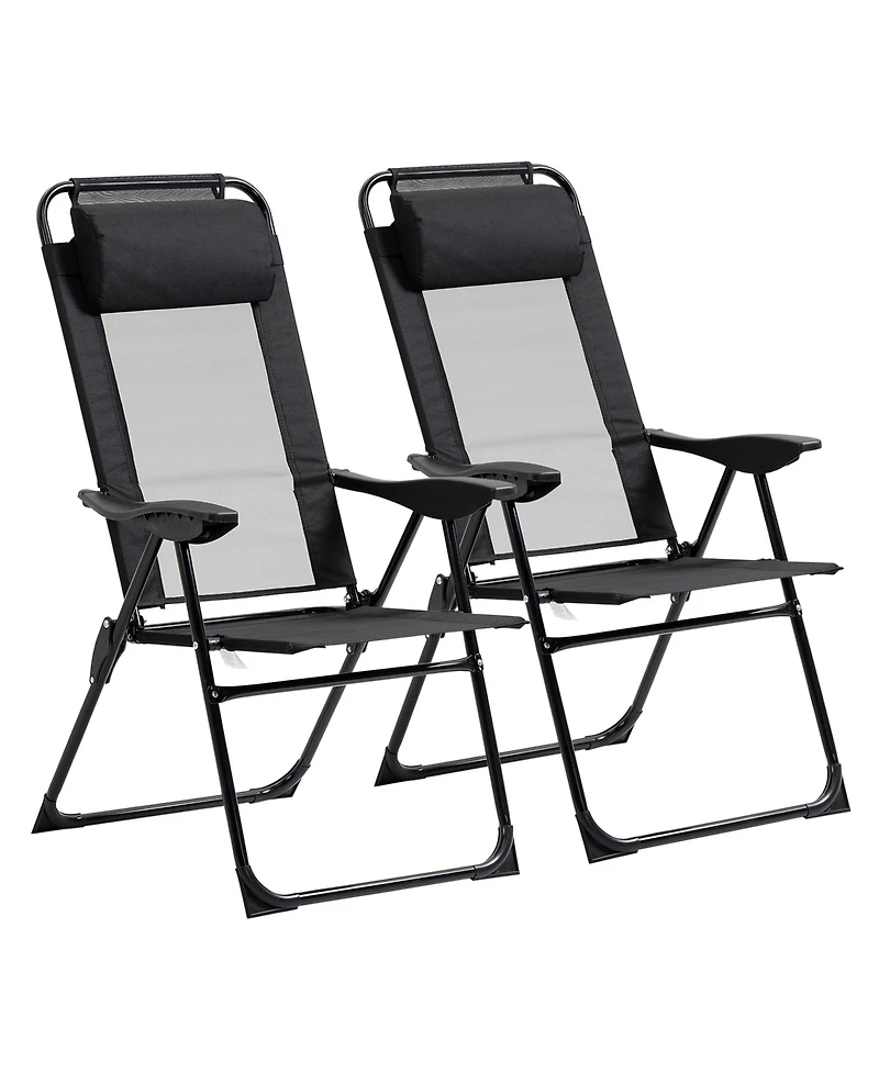 Outsunny Set of 2 Folding Patio Chairs, Camping Chairs with Adjustable Sling Back, Removable Headrest, Armrest for Garden, Backyard, Lawn, Black