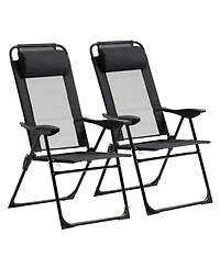 Outsunny Set of 2 Folding Patio Chairs, Camping Chairs with Adjustable Sling Back, Removable Headrest, Armrest for Garden, Backyard, Lawn, Black