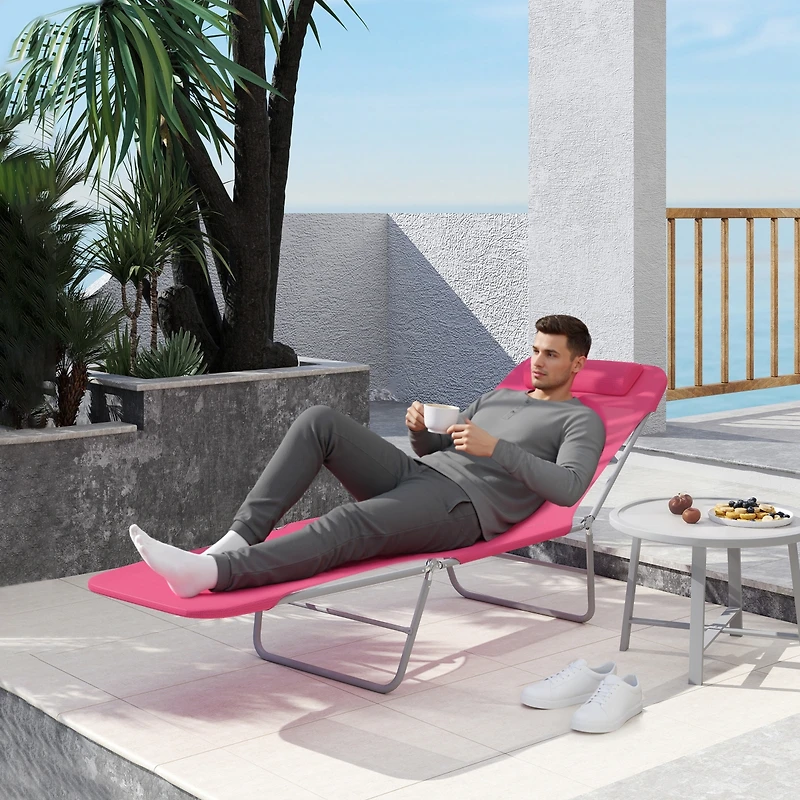 Outsunny Portable Sun Lounger, Lightweight Folding Chaise Lounge Chair w/ Adjustable Backrest & Pillow for Beach, Poolside and Patio, Pink & Sliver