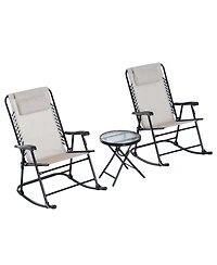 Outsunny 3 Piece Outdoor Rocking Bistro Set, Patio Folding Chair Table Set with Glass Coffee Table for Yard, Patio, Deck, Backyard, Cream White