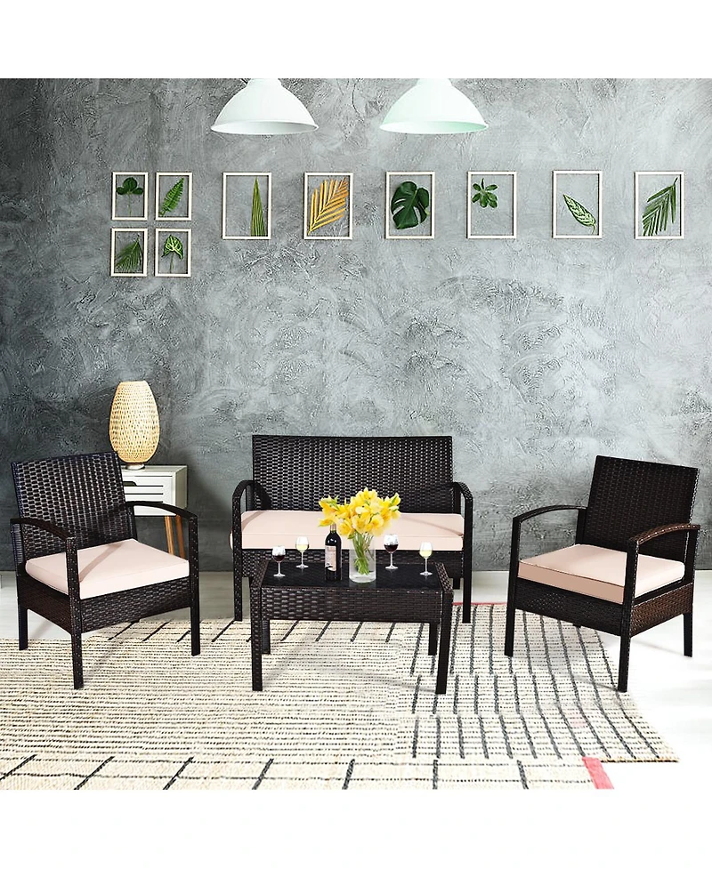 4PCS Patio Rattan Conversation Furniture Set Cushioned Seat Glass Table