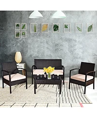 4PCS Patio Rattan Conversation Furniture Set Cushioned Seat Glass Table