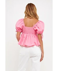 English Factory Women's Tied Strap Puff Sleeve Woven Top