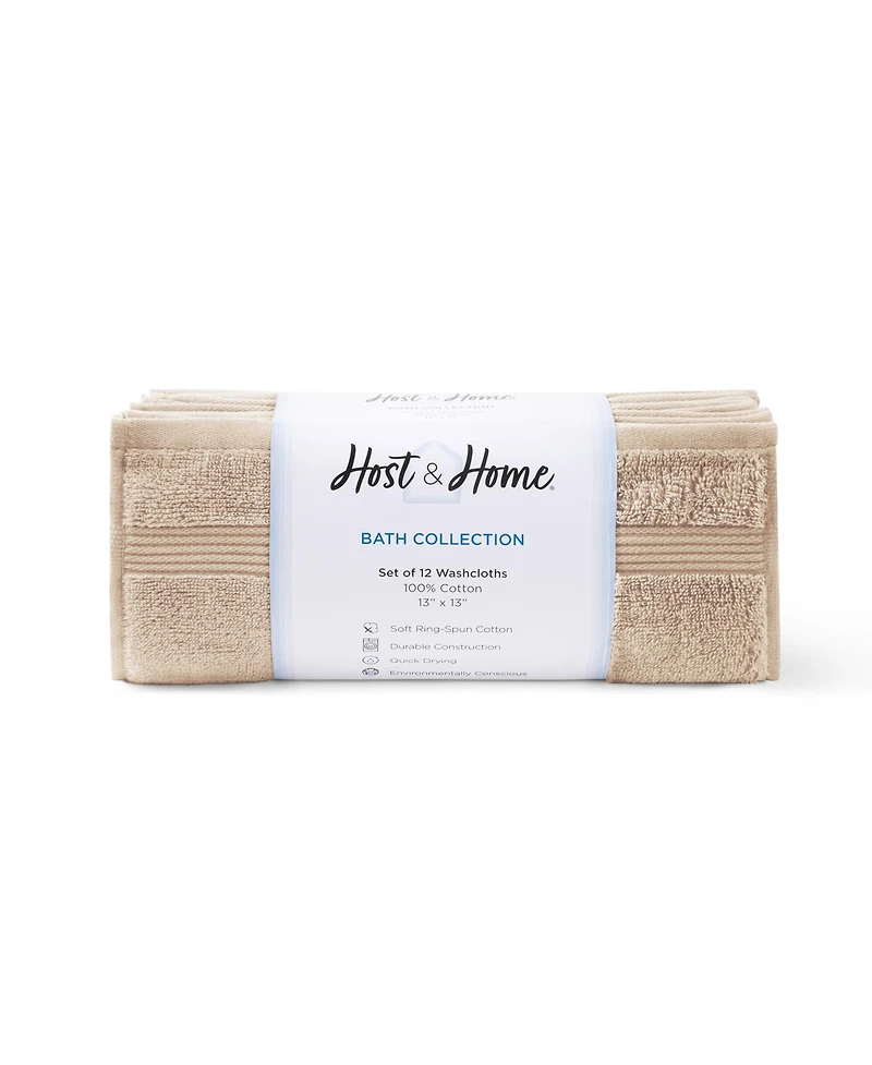 Host and Home Washcloths (12 Pack), Solid Color Options, 13x13 in, Double Stitched Edges, 600 Gsm, Soft Ringspun Cotton, Stylish Striped Dobby Border