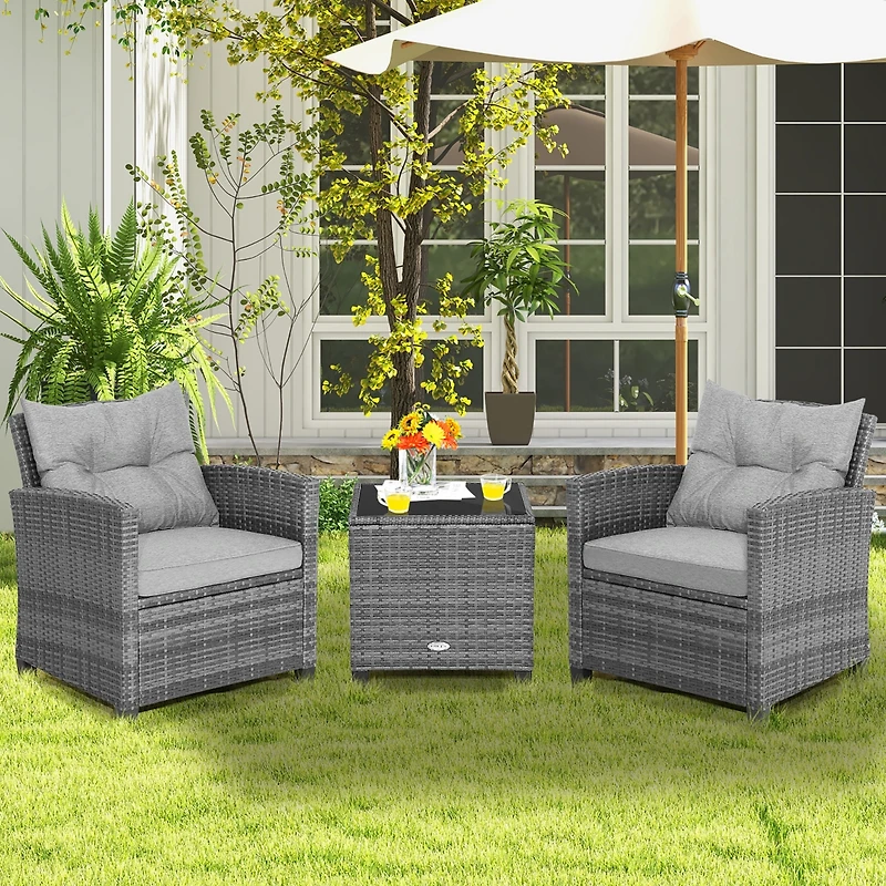 3PCS Patio Rattan Furniture Bistro Set Cushioned Sofas Side Table Armrest