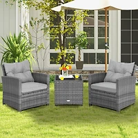3PCS Patio Rattan Furniture Bistro Set Cushioned Sofas Side Table Armrest