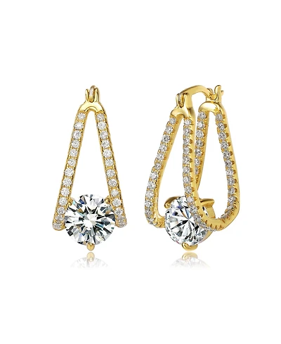 Sterling Silver with Cubic Zirconia Solitaire Double Trapeze Inside-Out Oblong Hoop Earrings