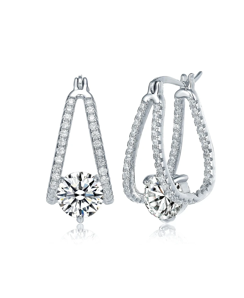 Sterling Silver with Cubic Zirconia Solitaire Double Trapeze Inside-Out Oblong Hoop Earrings