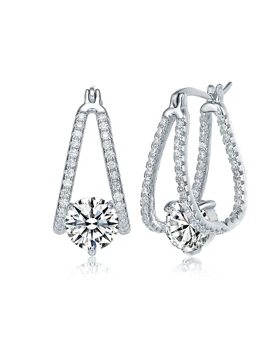 Sterling Silver with Cubic Zirconia Solitaire Double Trapeze Inside-Out Oblong Hoop Earrings