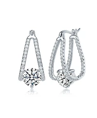 Sterling Silver with Cubic Zirconia Solitaire Double Trapeze Inside-Out Oblong Hoop Earrings