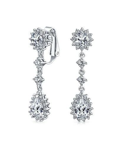 Bling Jewelry Statement Teardrop Pave Crown Halo Cubic Zirconia Cz Dangle Chandelier Clip On Earrings Non-Pierced