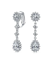 Bling Jewelry Statement Teardrop Pave Crown Halo Cubic Zirconia Cz Dangle Chandelier Clip On Earrings Non-Pierced