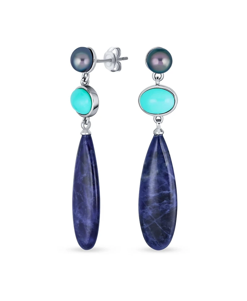 Bling Jewelry Multi Shape 3 Multi-Tier Dangling Cultured Freshwater Grey Pearl Blue Natural Turquoise Navy Sodalite Long Teardrop Earrings