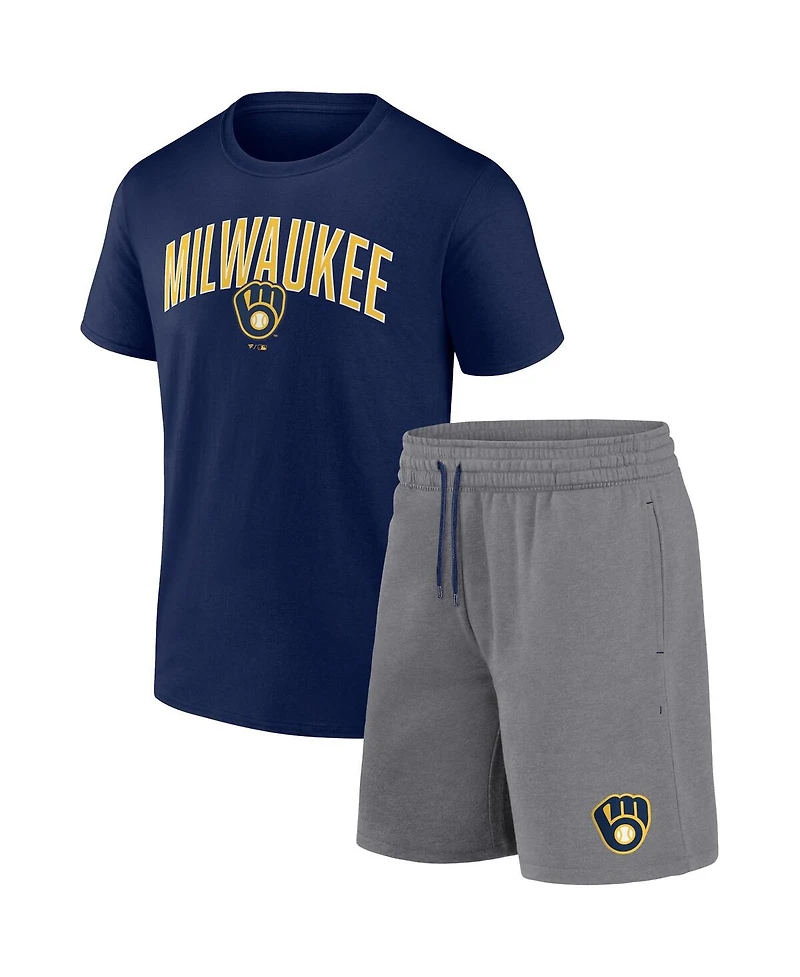 Men's Fanatics Navy, Heather Gray Milwaukee Brewers Arch T-shirt and Shorts Combo Set