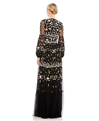 Mac Duggal Women's Embroidered High Neck Illusion Sleeve Tiered Gown