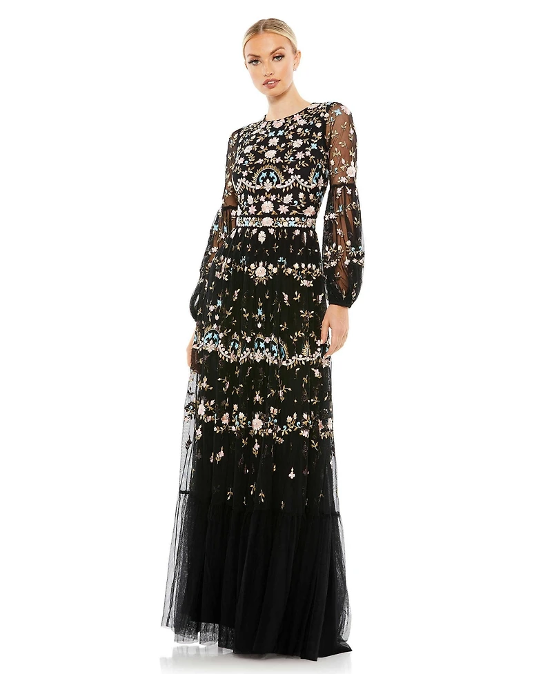 Mac Duggal Women's Embroidered High Neck Illusion Sleeve Tiered Gown