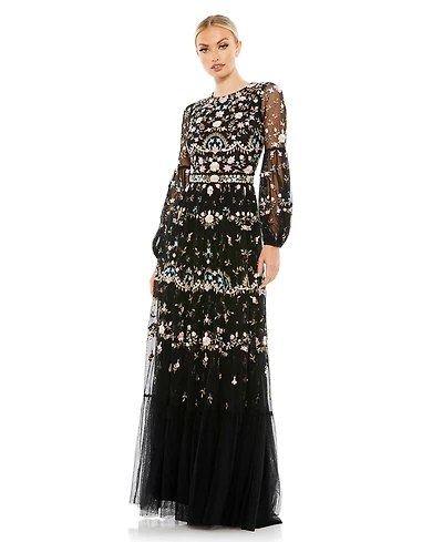 Mac Duggal Women's Embroidered High Neck Illusion Sleeve Tiered Gown